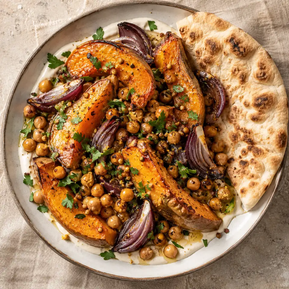 Roast squash and chickpeas with tahini yoghurt, pomegranate, parsley and flatbread