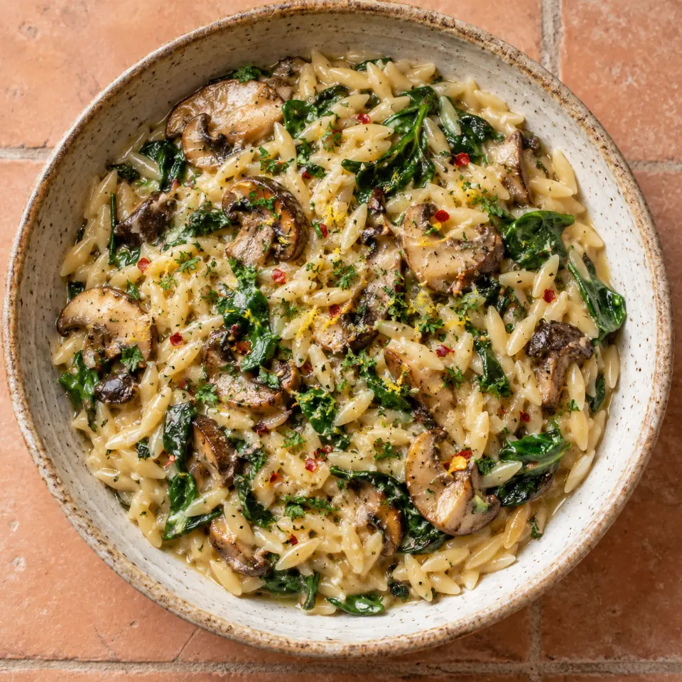 Creamy mushroom and spinach orzo with parsley and chilli flakes