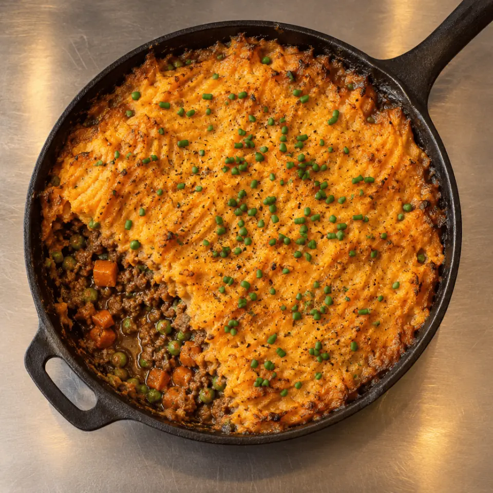 Beef and lentil cottage pie with a golden sweet potato topping in a dark baking dish