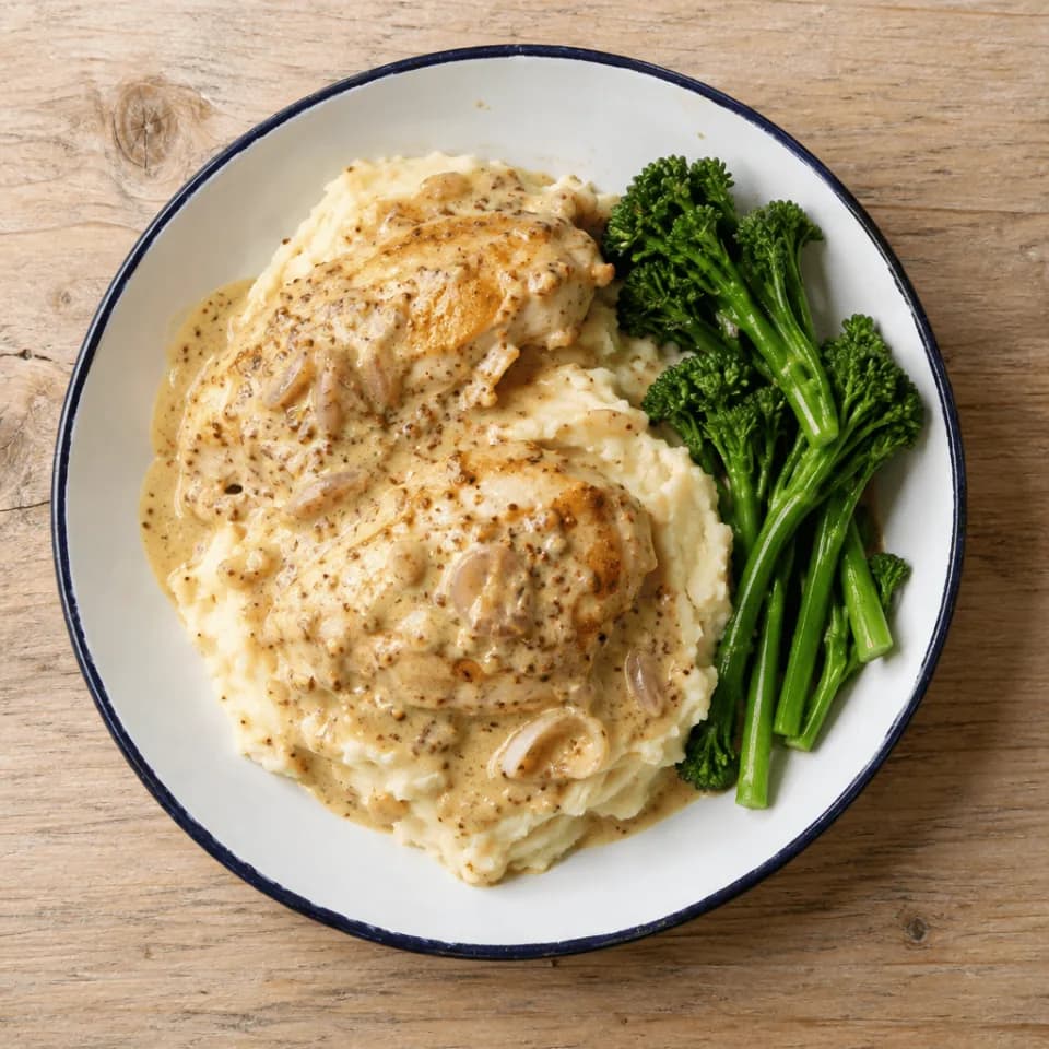 Chicken in a creamy mustard sauce with buttery mash and tenderstem broccoli
