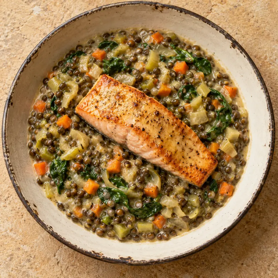 Mustard-glazed salmon over a creamy leek, lentil and spinach ragout