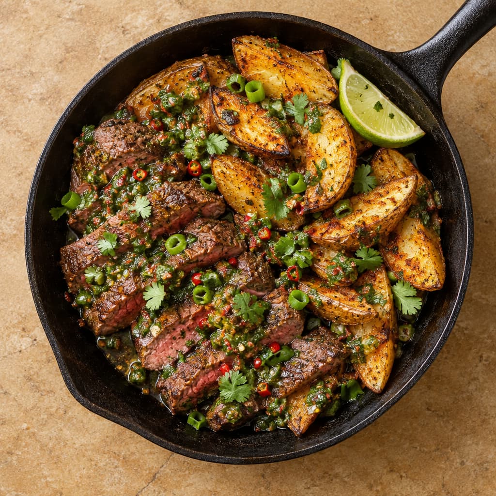 Sizzling Sirloin Steak with Chimichurri & Crispy Potato Wedges — Cheat