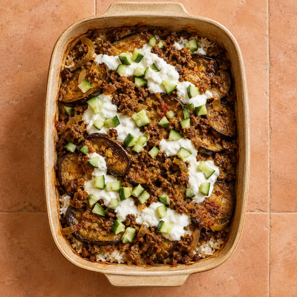Lamb and Aubergine Bake with Yoghurt and Mint — chickpeas