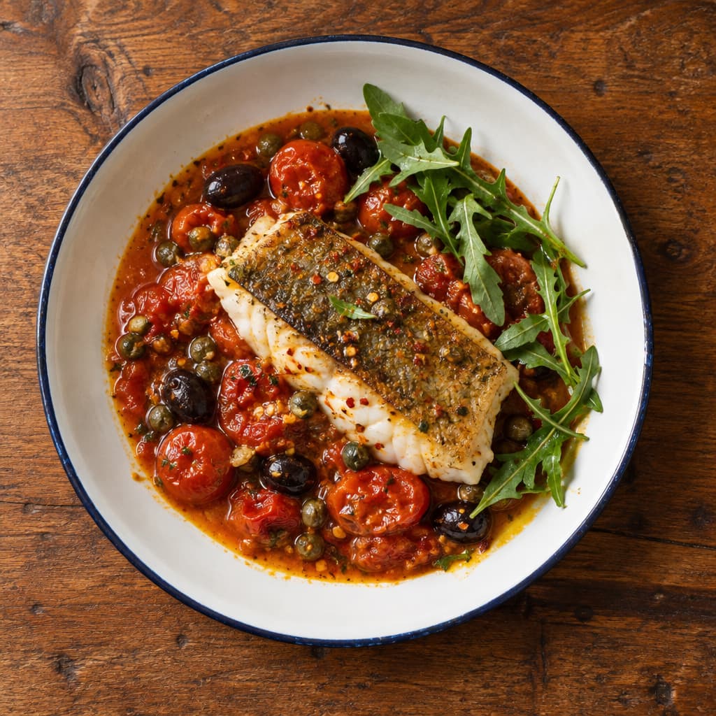 Pan-Fried Cod with Tomato, Caper & Olive Sauce — Mediterranean