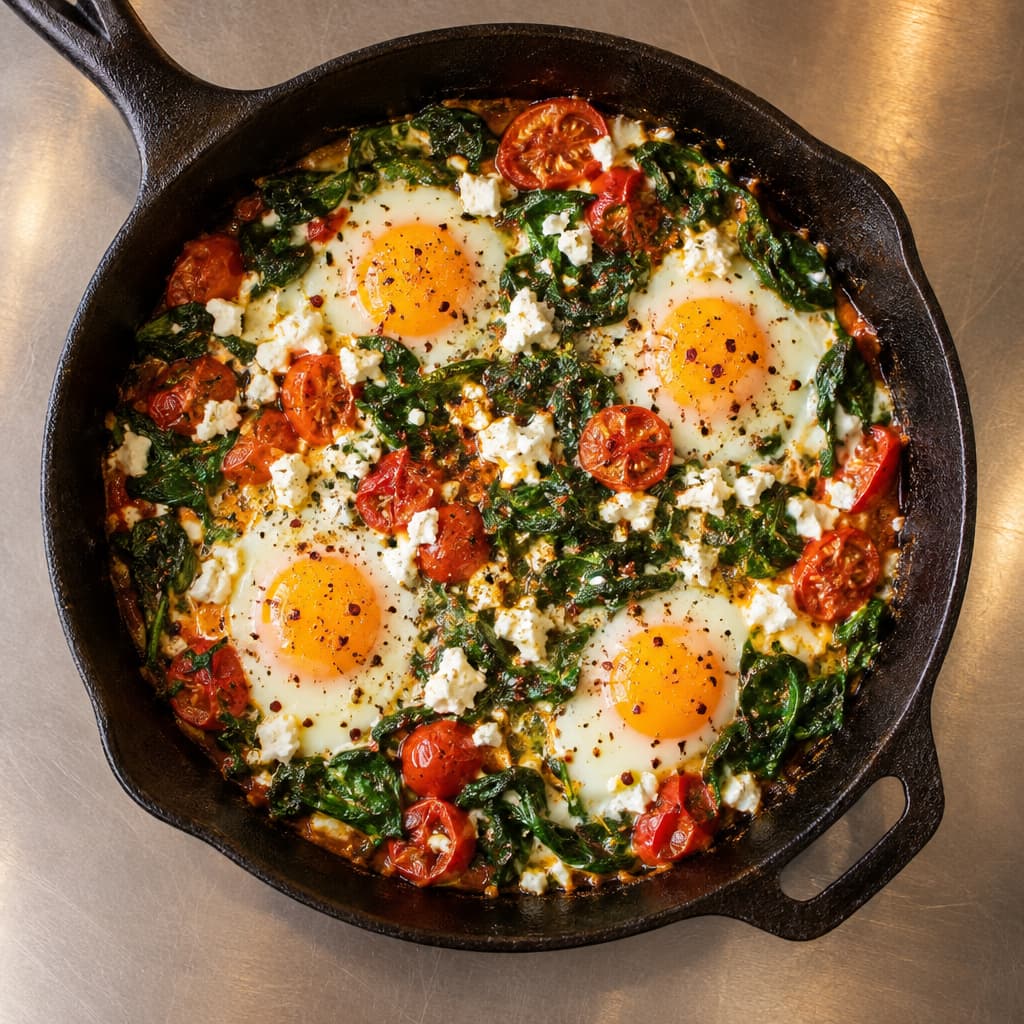 Baked Eggs with Wilted Spinach & Crumbled Feta — Brunch