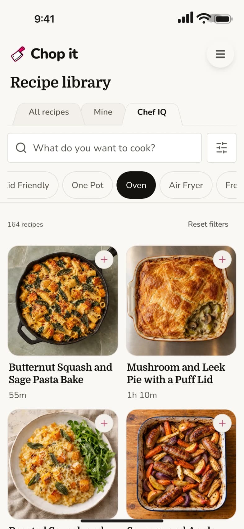 The Chop it Recipe library: Chef IQ recipes filtered to the oven, with photos
