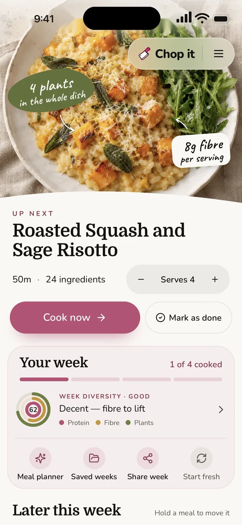 This Week in the Chop it app: up next, Roasted Squash and Sage Risotto, with notes for 4 plants and 8g fibre, and the week’s diversity score